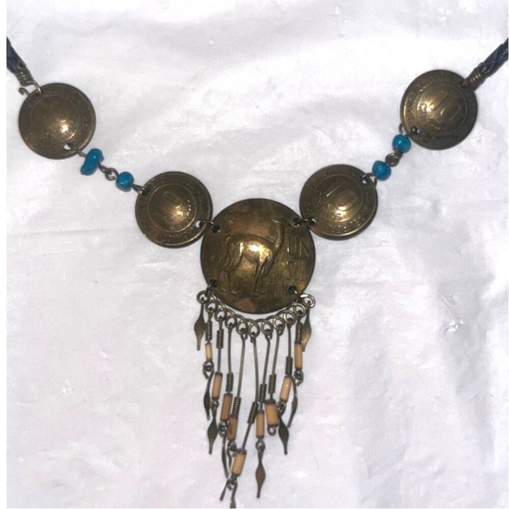 Vtg 70s South American Llama Coin & Bead Statement Necklace Boho Leather Cord